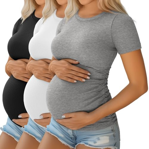 Ficerd 3 Pack Women's Maternity Shirts Cotton Short Sleeve Pregnancy Tops Side Ruched Ribbed Casual Mama tees Clothes(Light Gray, White, Black,Large)