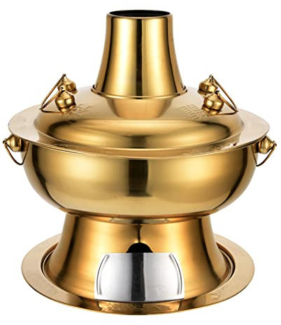 fondue， Olla caliente tradicional china, olla caliente de vapor Shabu Vintage, olla caliente de acero inoxidable for servir Shabu de carbón y cobre chino(Gold,28CM)