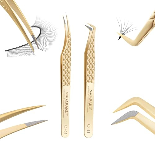 NAGARAKU Fiberspets Ögonfranspincett Set 1 Par Professionell Precision Pincett Rostfritt Stål Halkfritt Grepp Spik Raka & Böjda Spetsar Separerande Delfin & Mega Volume Fan Lash Tweezer（AG-05&AG-11）