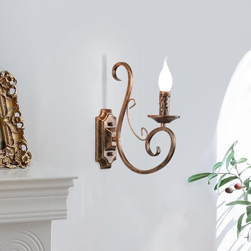 Ganeed Applique murale Lampe de chevet Antique Looking Wrought Iron Design Retro Wall Sconces pour Salon Cage d’escalier Foyer E14 Bronze 1 Lumière (2 paquets)