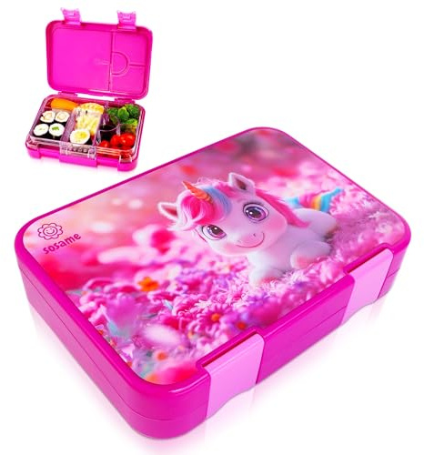 sosame® Children’s Divided Lunch Box, Multi-Compartment Bento Style Container for Packed Lunches, BPA Free & Dishwasher Safe Perfect for School, Nursery, Keeps Food Separate & Fresh (Magenta-Unicorn)