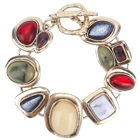 Mikovivi Bracelet Géométrique en Pierres, Tendance Personnalisé Bracelet en Métal Géométrique Résine Colorée Grosse Pierre Précieuse Bijou Ethnique Style Vintage pour Femme