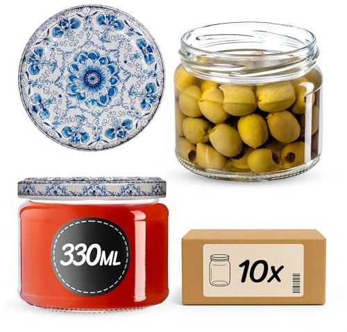 KADAX 10er Set Marmeladengläser 330ml TO82, Einmachgläser Vorratsgläser Mason Jar mit Schraubdeckel, Luftdichte Schraubgläser, Honig & Konfitüre (Weiß/Blau)