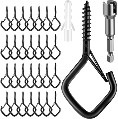 30 Pcs Screw in Square Hooks for Outdoor String Light, Metal Wall Ceiling Cup Eye Q Hanger Hook with Safety Buckle for Chrismas Rope Lights, Plant Pots, Wind Chimes, Black with Wind Nut Driver