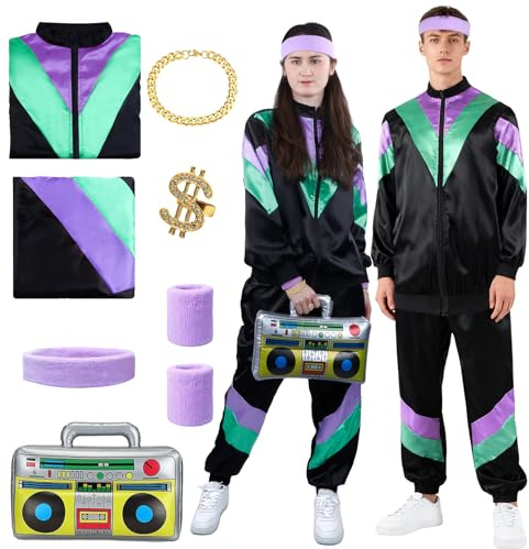 D5 80er 90er Jahre Outfit Herren Damen, 80er Trainingsanzug Jogginganzug Faschingskostüme Männer Unisex 80s Tracksuit Disco Jacke und Hose Anzug 90s Accessoire Bad Taste für Mottoparty Karneval