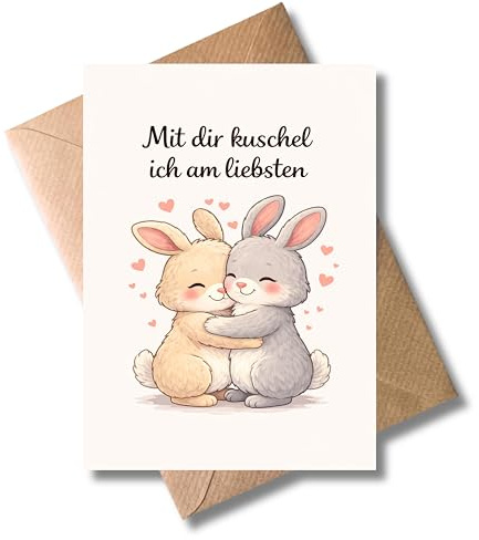 WBdesignz Liebeskarte mit Umschlag -Kuschelkarte mit zwei Hasen „Mit dir kuschel ich am liebsten“ - liebevolle Grußkarte für Freundin, Partner, Familie - Geburtstag - romantisch mit Herzchen (DIN A6)