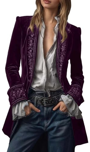 Blazer Vintage en Velours pour Femme - Col en V brodé - Veste Longue en Velours - Col cranté - Manteaux Victorien Gothique - Veste de Pirate - Manteau Long Steampunk médiéval
