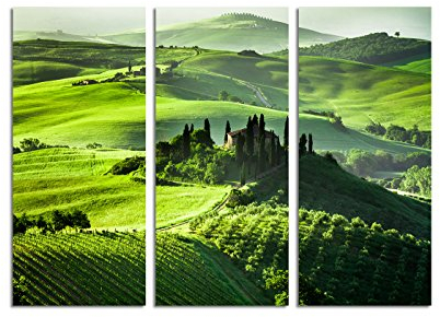 Paul Sinus Art 130x90cm – Keilrahmenbild Sonnenaufgang Toskana Siena sattes Grün 3teiliges Wandbild auf Leinwand und Keilrahmen - Fotobild Kunstdruck Artprint