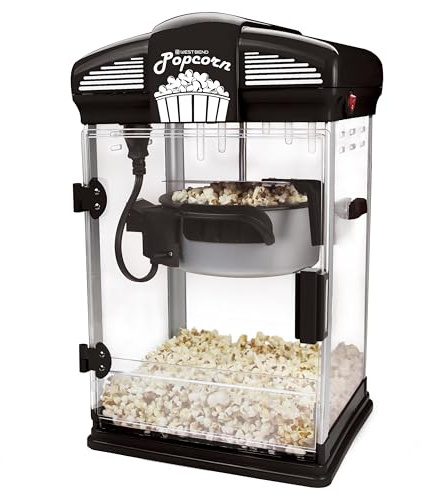 West Bend Stir Crazy Movie Theater Popcorn Popper, Gourmet Popcorn Maker Machine with Nonstick Popcorn Kettle, Measuring Tool and Popcorn Scoop for Popcorn Machine, 4 Qt., Black