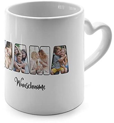 PhotoFancy® - Herztasse 'Mama' - Personalisierte Fototasse mit eigenem Foto und Text - Tasse mit Herz-Henkel selbst gestalten - Weiß