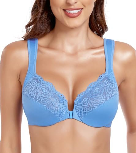 Lemorosy Wide Strap Front Closure Bra Lace Full Figure Underwire(Blue Wide Strap,36E)