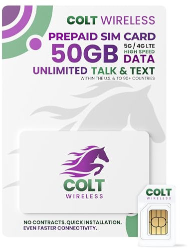 Tarjeta SIM Prepago Física Colt Wireless de 60 Días Desde EE. UU. con 50GB de Datos 4G LTE/5G Ilimitados, Llamadas y SMS a más de 90 Países, Plan Prepago con Hotspot Móvil, Activación Fácil