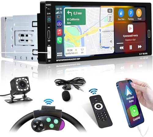 Inefala Autoradio 1 Din Carplay e Android Auto Radio con Schermo da 6,9 Pollici con Bluetooth, Mirror Link, Supporta FM, Controllo del Volante, EQ, USB, Type C, Retrocamera