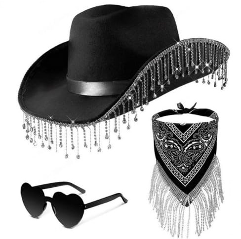 Zghhc Damen Cowboyhut-Set Bandana Und Herzförmiger Sonnenbrille, Cowgirl-Hut, Cowgirl-Hut (schwarz)