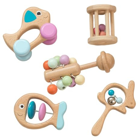 BEACENOV Montessori Wooden Rattle Set for Infant Boys & Girls 0-6 Months, Toddler Development Toys, Baby Sensory Toy Set of 5, Baby Shower Gifts