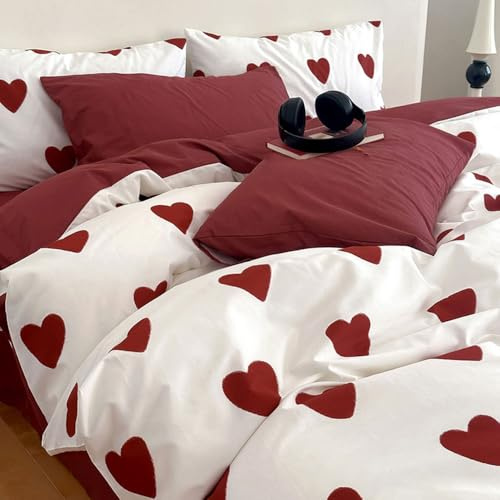 Covebett Herz Bettwäsche 135x200 Weiß mit Roten Herzen Muster Romantisch Weiche Mikrofaser Bettbezug Herzchen Aesthetic Wendebettwäsche Set 2 Teilig mit Reißverschluss und Kissenbezüge 80x80 cm