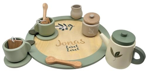 Set à thé en bois d'olive – Personnalisable I Jouet en bois fait à la main à partir de 2 ans I Service à thé pour enfants I Cadeau d'anniversaire pour enfants I Kit de jeu de thé avec nom
