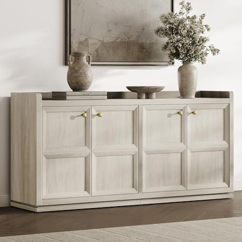 SICOTAS 61.7 Wide 4-Door Buffet Cabinet, Extra Long Sideboard with 2 Separate Bays & Adjustable Shelves, Modern Credenza Storage Cabinet with Gold Handle for Kitchen Living Room, Grey White Oak,1 PCS