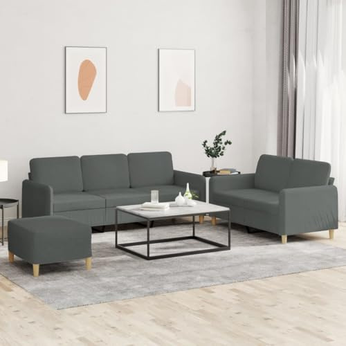 QUAHEAS 3-TLG. Sofagarnitur Dunkelgrau aus Stoff mit Kissen, robustem Metallgestell, für Wohnzimmer und Entspannung, inklusive Fußhocker