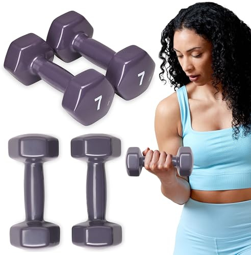 SPRI Deluxe Vinyl Coated Dumbbell Set (Purple) - 7 lbs, Set of 2, Hand Weights for Muscle Toning, Step Aerobics, Strength Training, Professional-Grade Unisex Workout Equipment for Home & Gym