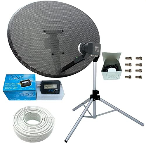 SSL Satellites Compatible with Sky or Freesat - Satellite Tripod & Dish Set for Caravan, Camping, Motorhome - Comes w/Tripod, MK 4 80cm Sky Dish, Quad LNB, 5M White Twin Coax Cable, Satellite Finder