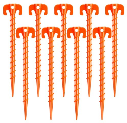 Hikemax 15 Pack Plastic Spiral Tent Stakes - 10 Inch Heavy Duty Screw-in Sand Anchors Pegs - Windproof Plastic Ground Anchor Stakes for Secure Tents, Inflatables, Canopies, Tarps, Garden Structures