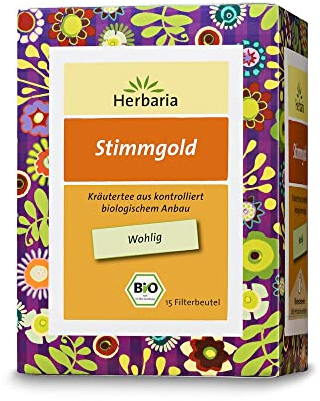 Herbaria Stimmgold Tee bio 15FB – 100% Bio-Kräutertee im Filterbeutel – perfekte Kräuterteemischung, für wohlige Wärme in Hals u. Rachen – natürlich wohltuender Teegenuss