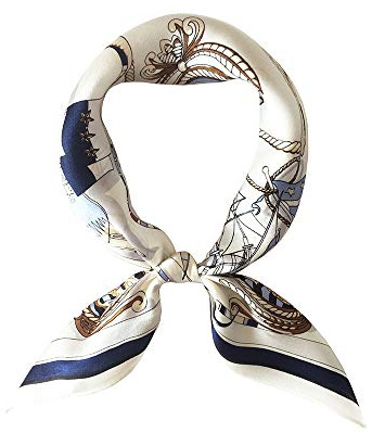 FONYVE Halsduk av 100% mullbärssilke, lätt, fyrkantig, satin, liten sidenhårscarf att sova, 53,3 x 53,3 cm, 44 Navigation vit & blå, S