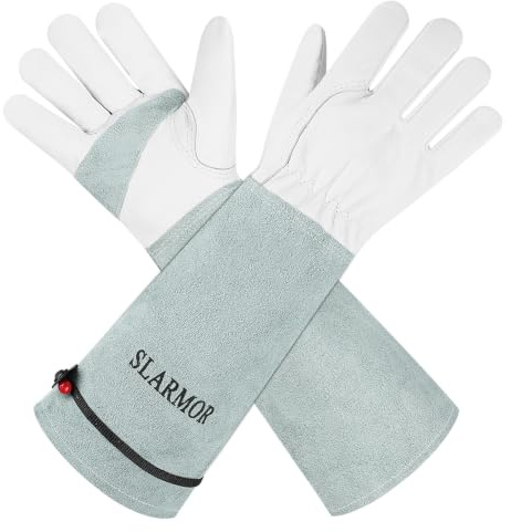 SLARMOR Gartenhandschuhe aus Leder für Damen und Herren - Dornensicher zum Beschneiden von Rosen, mit Unterarmschutz, Lange Rindsleder Arbeitshandschuhe für Garten und Haushaltsaufgaben
