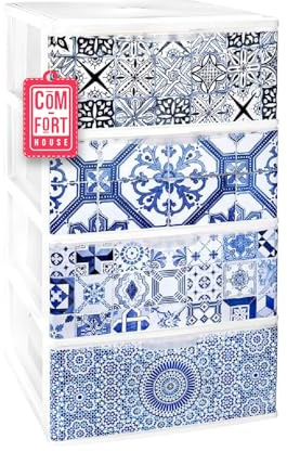 COM-FORT HOUSE Stapelbarer Kommode aus Kunststoff, Modell Iris, 4 Schubladen mit Dekoration Alhambra (380 x 370 x 626 mm)