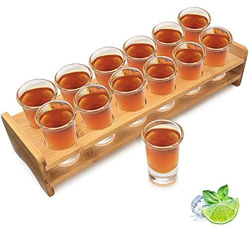 Juego de vasos de chupito, soporte de cóctel de madera y vaso de chupito, organizador de 12 agujeros con cristal transparente, whisky, brandy vodka ron en casa fiesta bar