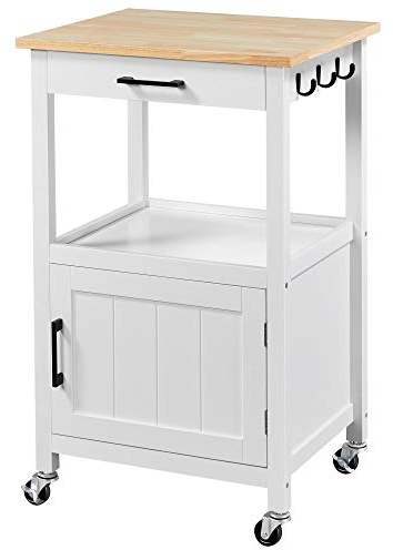 Yaheetech Küchenwagen auf Rollen, Servierwagen mit Schrank und Ablage, Arbeitsplatte aus Holz, Rollwagen 55x45x89cm, Küchentrolley im Landhausstil, Weiß