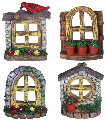 UPKOCH 4pcs Fairy Windows, Miniature Tree Sculpture Gnome House Window, Garden Art for Kids Room Wall Trees Outdoor (Random Color)