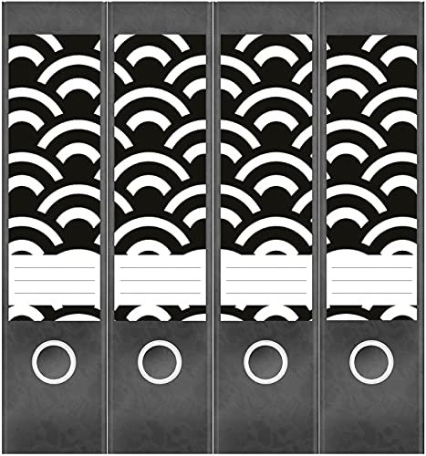 Etiketten für Ordner | Muster Schwarz Weiß Wellen | 4 breite Aufkleber für Ordnerrücken | Selbstklebende Design Ordneretiketten Rückenschilder