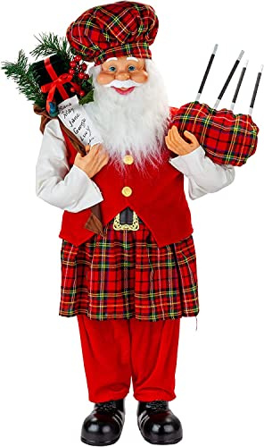 VFM - Scottish 90cm Father Christmas Traditional Figure Xmas Decoration - Luxury Realistic Standing Santa Claus Ornament With Nordic Festive Red Tartan Suit