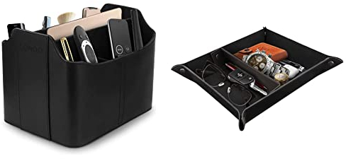 Londo Leder Fernbedienung Organizer und Halter mit Tablet Fach, Fernbedienungshalter - Multifunktion Aufbewahrung (Schwarz) & Leder Taschenleerer - Vide Poche - Ledertablett Organizer