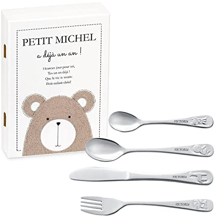 Maverton Set de couverts personnalisé pour garçon - Coutellerie dans coffret imprimé - Couverts Thème Animal - Cadeau d'anniversaire - Cadeaux bébé - Couverts gravés - JOUET