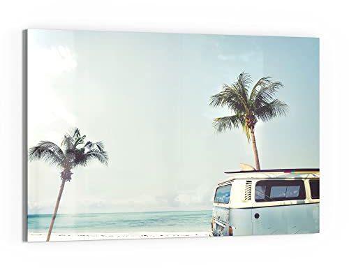 DEQORI Glas-Magnettafel | 90x60 cm groß | Motiv Surfer-Bus am Strand | Memo-Board aus Glas | Magnetboard inkl. Magnete, Stift & Tuch für Küche & Büro | Tafel magnetisch & beschreibbar