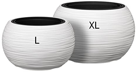 MELTOM Blumenkübel 2er Set Rund Ø 38 + 44 cm Weiß Pflanzschale groß | Kunststoff mit Rillenstruktur, Gefäße 18 und 32 L, Einsätze 8 und 11 L mit Griffen, Höhen 25,2 und 27 cm, ohne Bohrloch