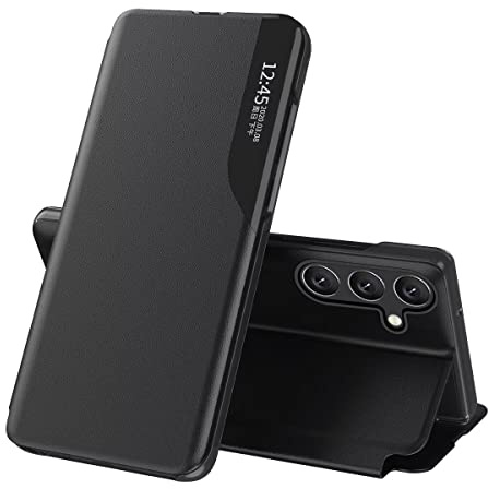EASSGU läderfodral för Samsung Galaxy A54 5G (6,4 tum) sidofönster fliphållare PU-läder mobilskal, reptåligt, stötsäkert skyddande fodral – svart