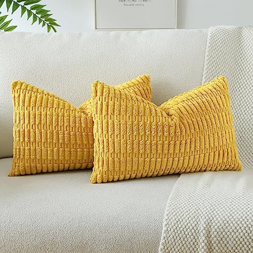 JOTOM Set of 2 Corduroy Soft Striped Cushion Covers 30x50 cm Boho Decorative Throw Pillow Covers Lumbar Cushion Case Couch Home Decor Pillowcases for Sofa Bedroom 12x20 Inch (Mustard Yellow)