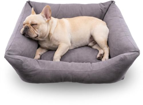NatureHolic Hundebett 80 x 60 cm für mittelgroße Hunde, kuscheliges Hundekissen mit erhöhtem Rand, Anti-Rutsch-Noppen Unterseite, waschbar, Hundekorb in Grau