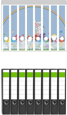 Wallario 8 Stück schmale Ordner inkl. Klebeetiketten mit Motiv Süße Hasen unter einem Regenbogen - Set mit Rückenschildern/Ordnerrücken Stickern