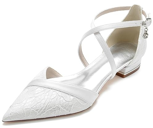 Scarpe da Sposa da Sposa con Cinturino alla Caviglia da Donna Punta Chiusa in Raso di Pizzo Tacco Basso da Donna,Bianca,38 EU