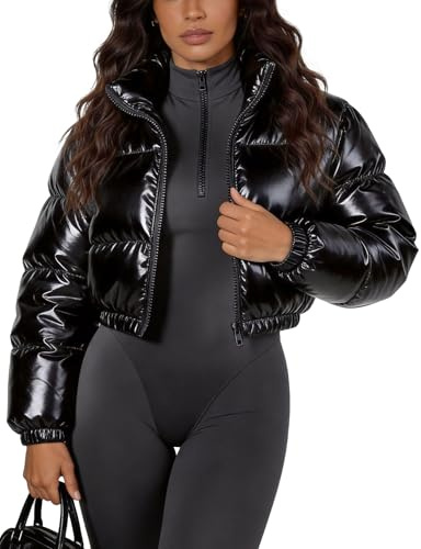 Flygo Damen Metallic Glänzende Verkürzte Gesteppte Pufferjacke - Gepolsterte Daunenmantel mit Reißverschluss Oberbekleidung, Schwarz , S