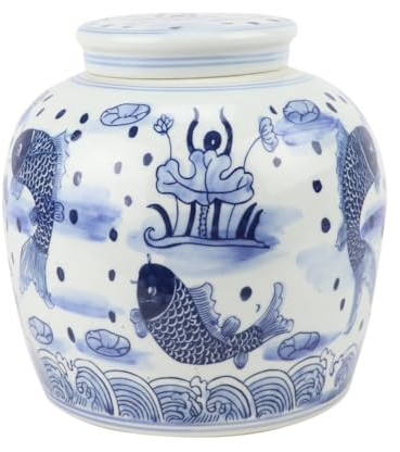 Fine Asianliving Pot à Gingembre Chinois Porcelaine Bleu Blanc Poissons Koi Peint à la Main D23xH23cm Chinois Vase avec Couvercle Asiatique Jingdezhen Mandarin Décorative