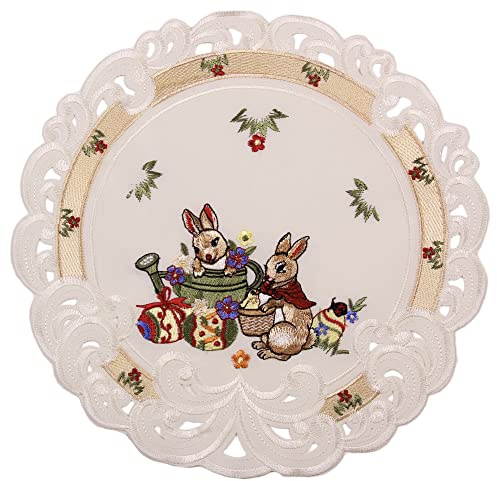 HanaQi Ostern Deckchen Häschen Stickerei Polyester, Champagne ca. 30 cm Rund