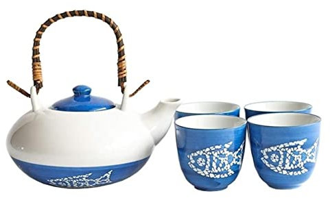Teeservice für Erwachsene, 5-teiliges Teeservice, Fischmuster, Glasur-Stil, Teekanne, Teekanne, Teekessel für 4 Erwachsene, Heimdekoration, Teeservice mit Teekanne (blau, 5 Stück)