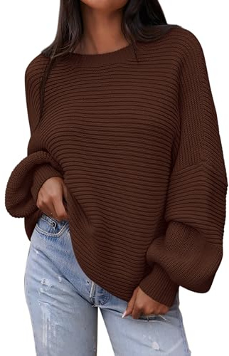 PRETTYGARDEN Womens Sweaters Fall 2025 Lantern Long Sleeve Oversized Sweater Casual Crewneck Chunky Knit Ribbed Pullover Tops(Coffee,Large)