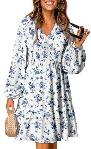 Dokotoo Easter Dresses for Women Spring Summer Dresses Long Sleeve V Neck Smocked Waist Babydoll Tunic Boho Dress Casual Cute Weeding Guest A Line Swing Beach Short Sun Dress Sundress White Medium